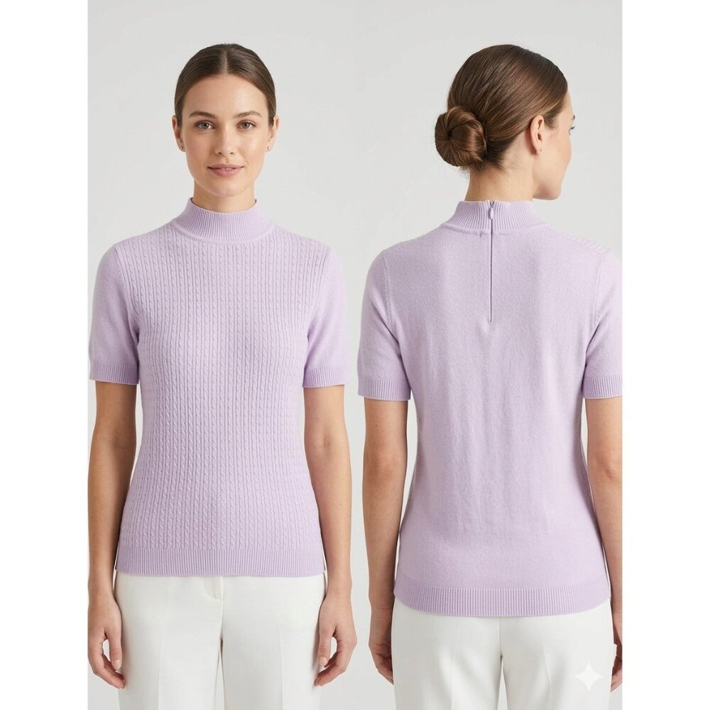 Napa Valley Petite PM Lavender Cable Knit Mock Neck Short Sleeve Zip Back Y2K
